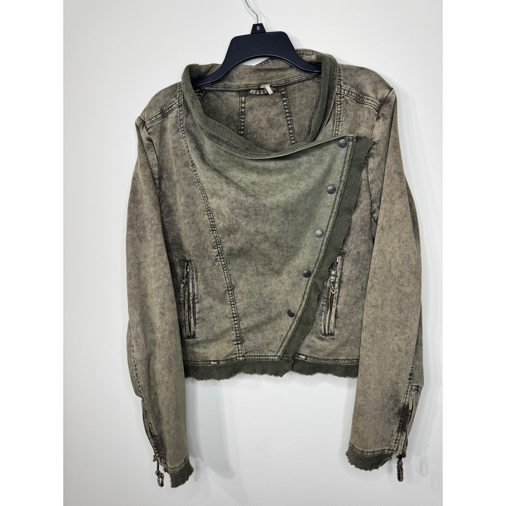 Free People Olive Green Acid Wash Asymmetrical Moto Jacket Large